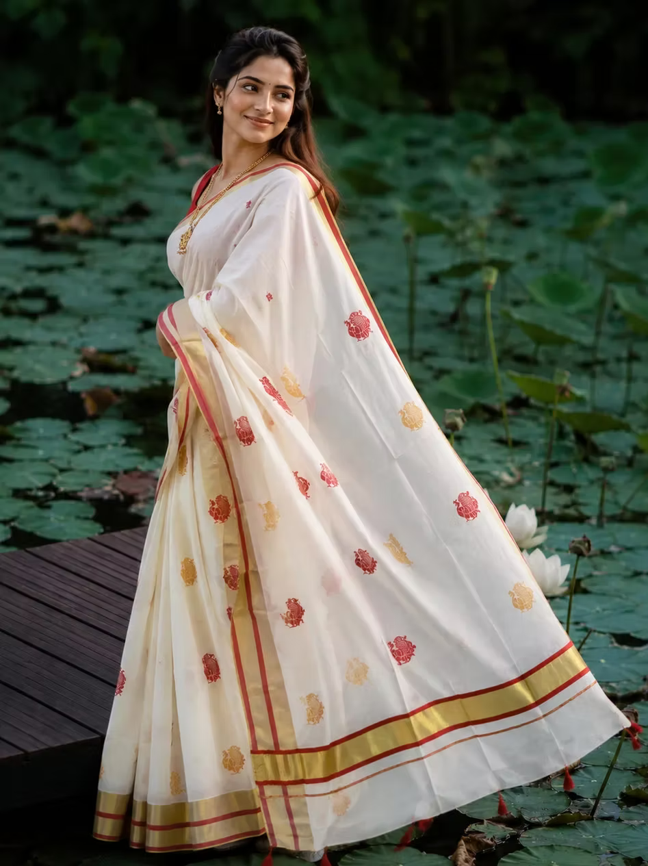 Premium Cotton Kasavu Saree with Red & Gold Peacock Motifs