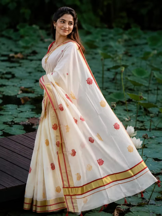 Premium Cotton Kasavu Saree with Red & Gold Peacock Motifs