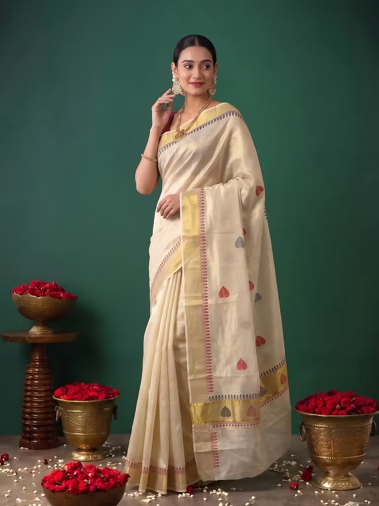 Red & Black Leaf Designer Tissue Kerala Kasavu Saree