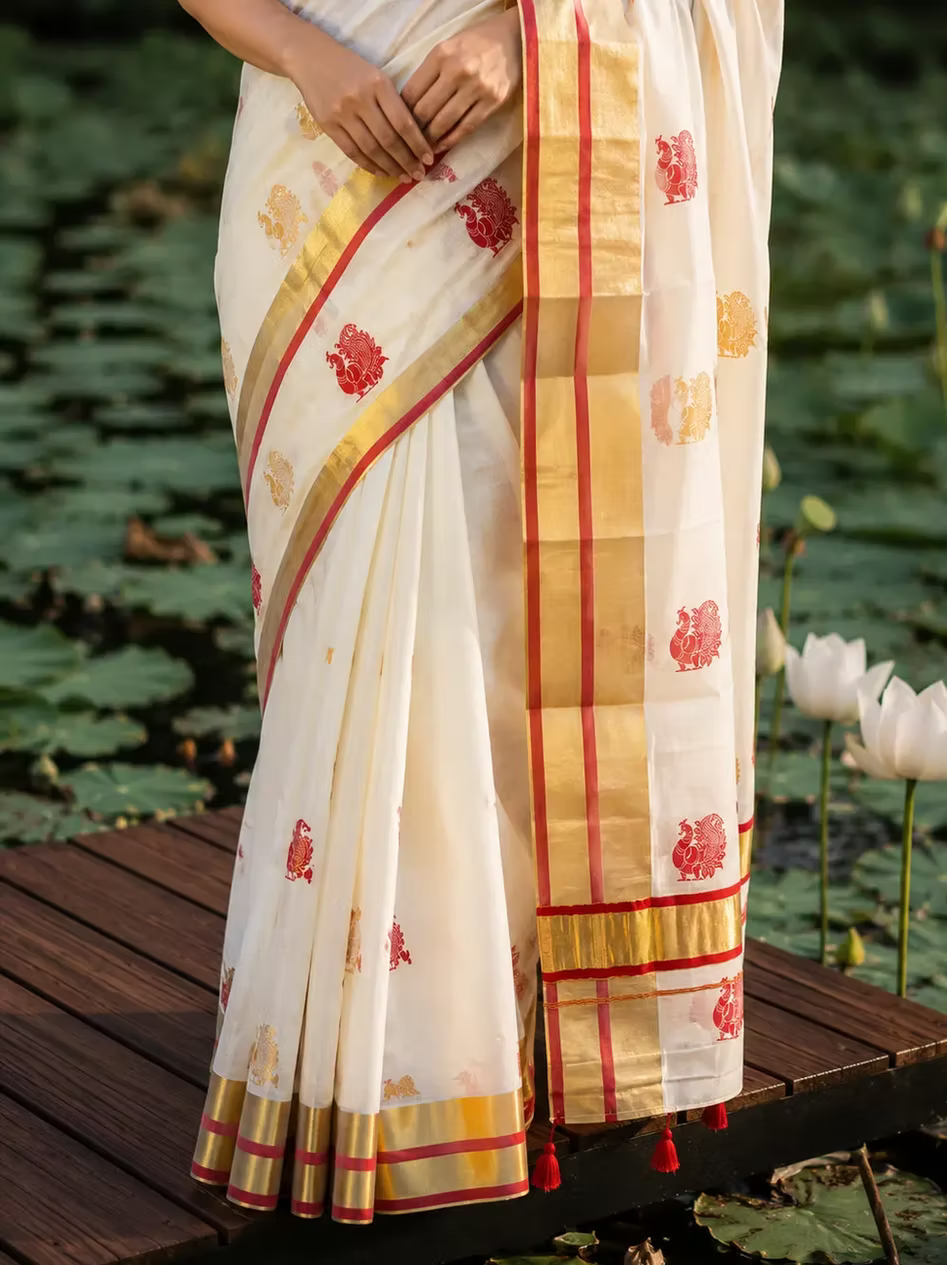Premium Cotton Kasavu Saree with Red & Gold Peacock Motifs