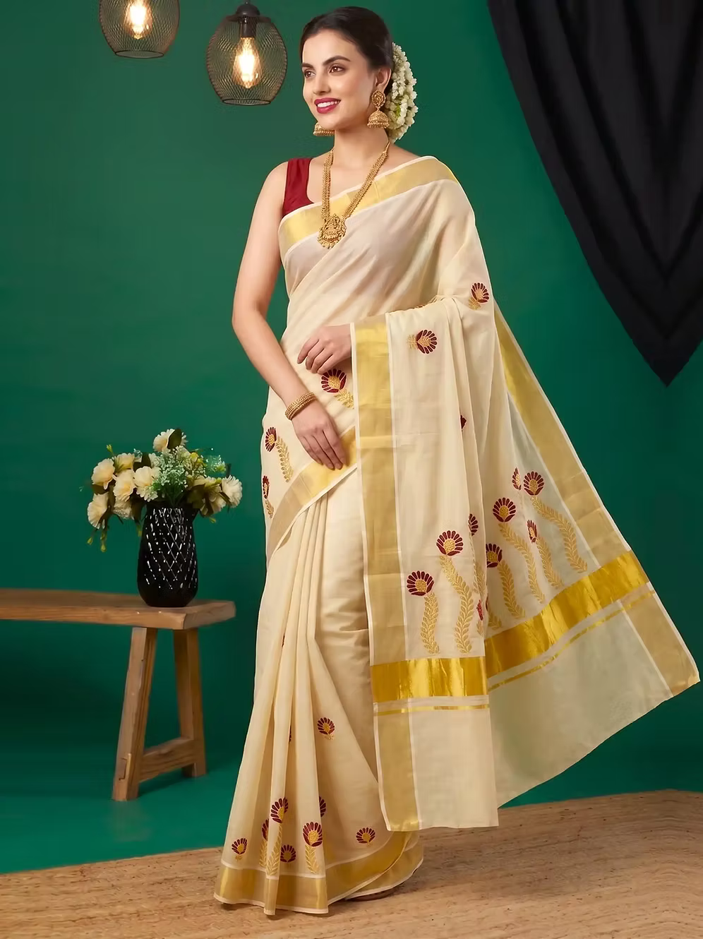 Maroon Floral Embroidery Tissue Kerala Kasavu Saree