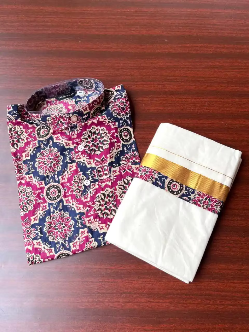 Multi Color Motif Ajrakh Cotton Shirt with Dhoti Set-Kasavu Mundu