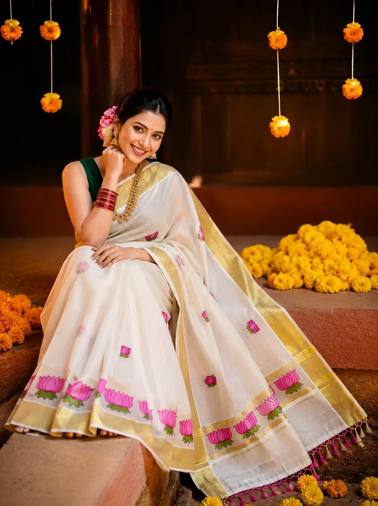 Pink Lotus Embroidery Motif Stripes Cotton Kasavu Saree with Tassels