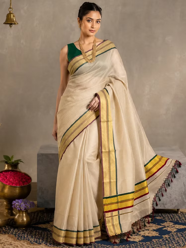 Stripe Kasavu Tissue Saree with Maroon and Green Border & Tussels