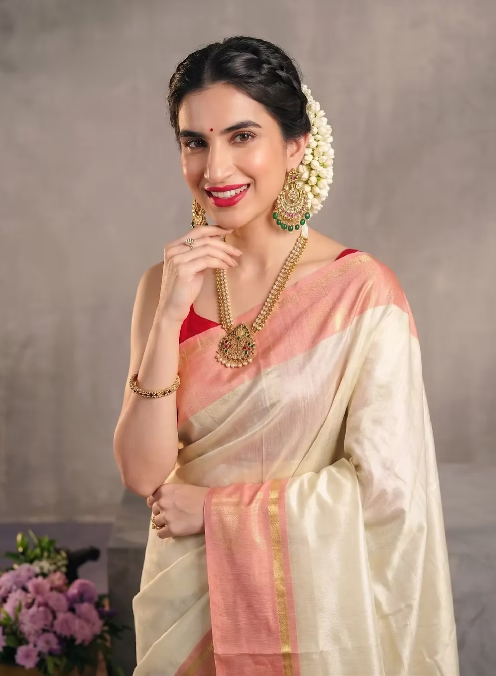 Guava Pink Tassel Tissue Kerala Kasavu Saree with Running Blouse
