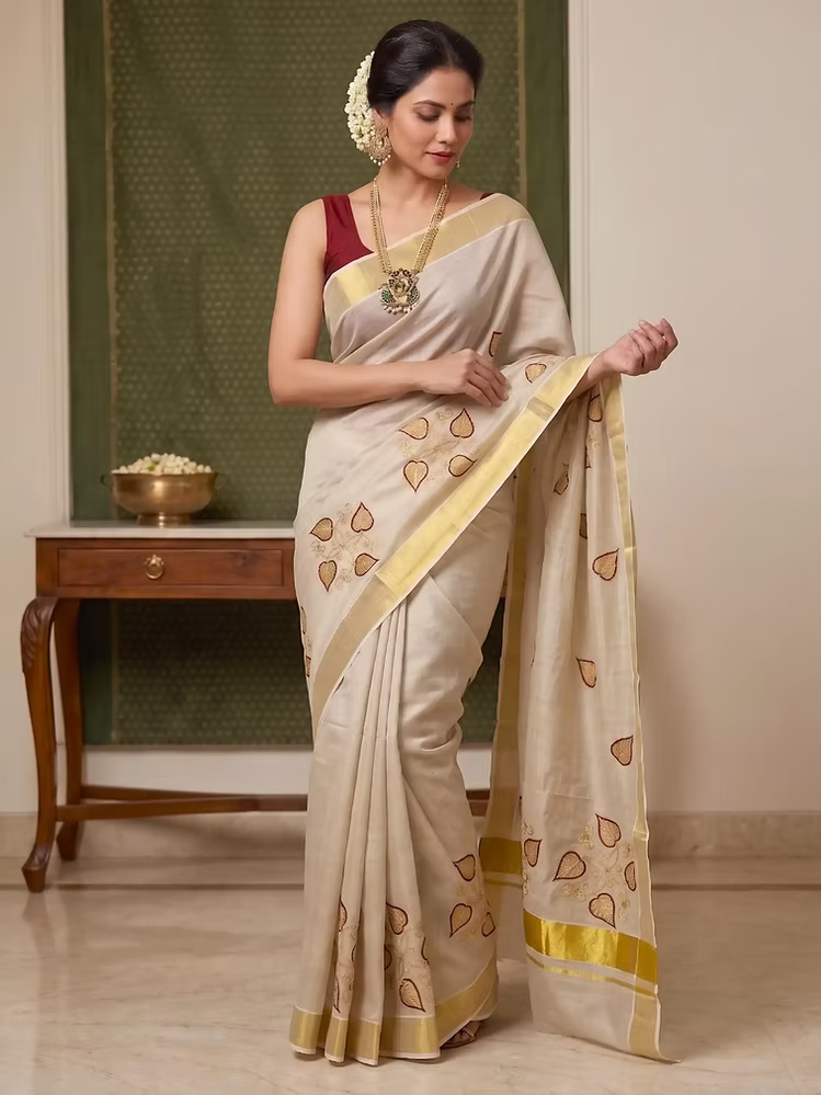 Creeper Maroon Embroidery Kasavu Tissue Saree with Running Blouse