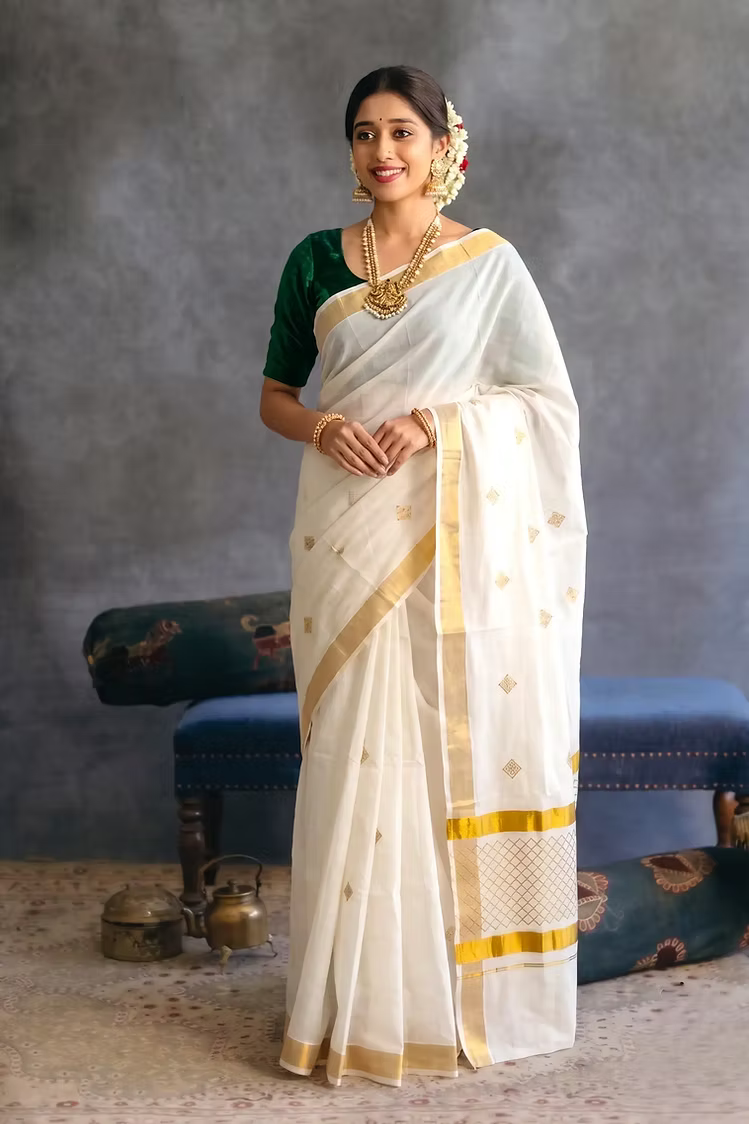 Golden Diamond Embroidery Cotton Kerala Kasavu Saree