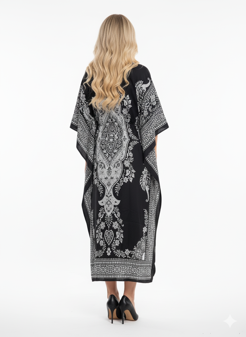 Monochrome Black & White Paisley Kaftan — GLAMOURA-X