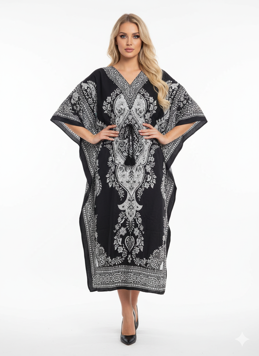 Monochrome Black & White Paisley Kaftan — GLAMOURA-X