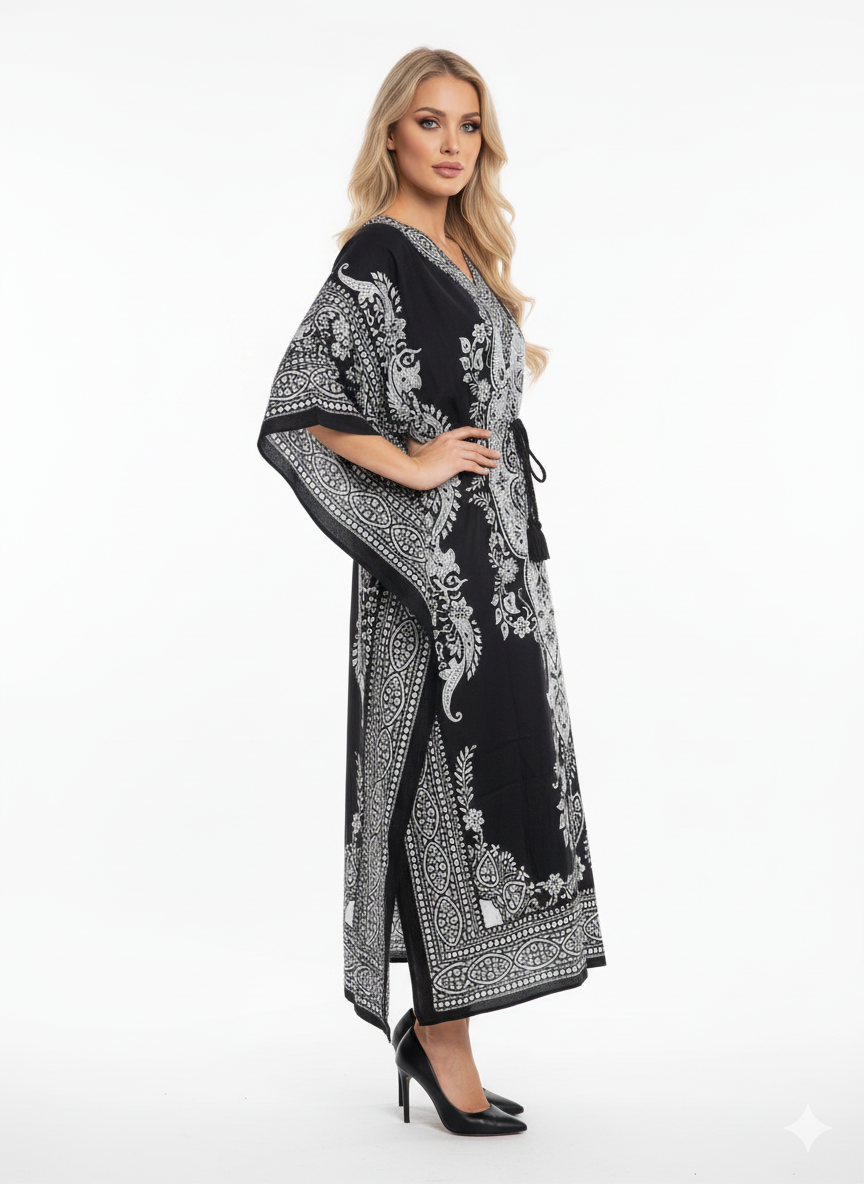 Monochrome Black & White Paisley Kaftan — GLAMOURA-X