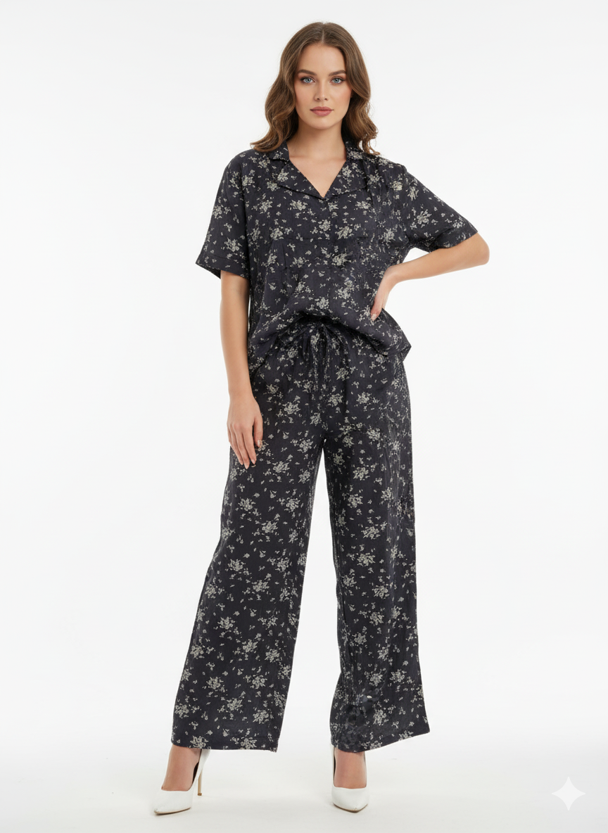 Women's Floral Linen Black Floral Palazzo Co-Ord Set | Modest Wear | GlamouraX