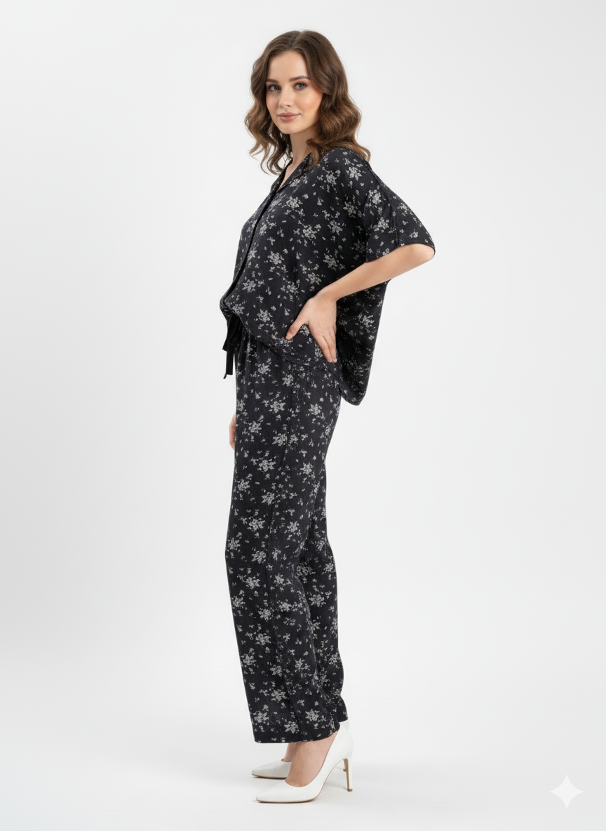 Women's Floral Linen Black Floral Palazzo Co-Ord Set | Modest Wear | GlamouraX