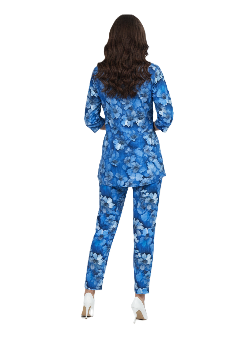 Glamoura X Blue Floral Kurti & Pant Co-ord Set | Rayon Modest Casual Wear