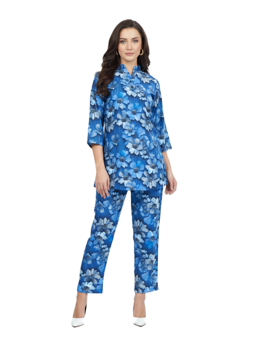 Glamoura X Blue Floral Kurti & Pant Co-ord Set | Rayon Modest Casual Wear