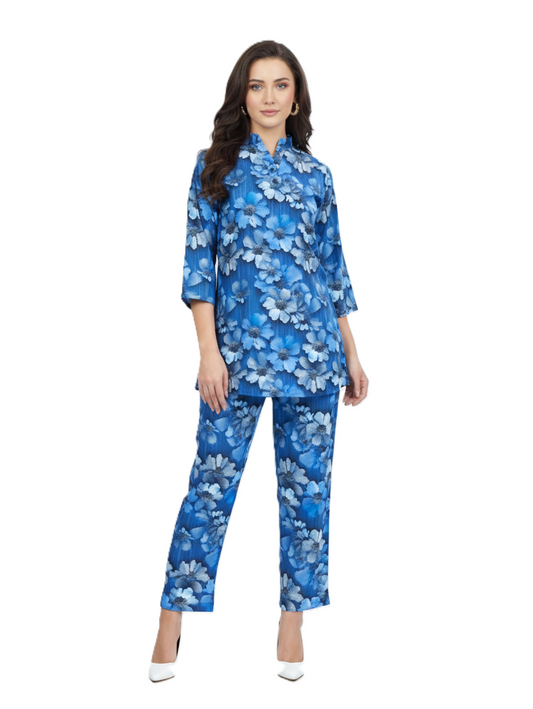 Glamoura X Blue Floral Kurti & Pant Co-ord Set | Rayon Modest Casual Wear