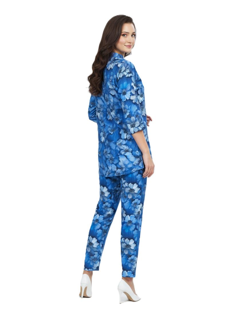 Glamoura X Blue Floral Kurti & Pant Co-ord Set | Rayon Modest Casual Wear