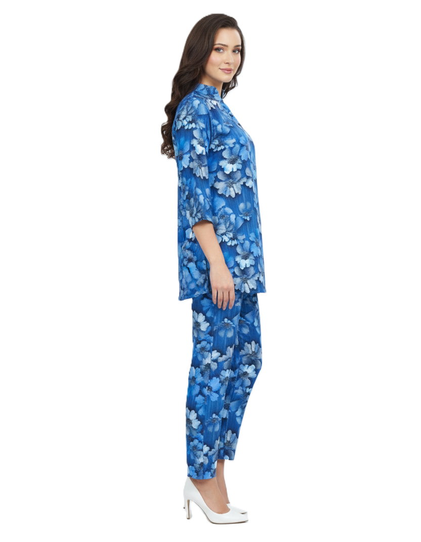 Glamoura X Blue Floral Kurti & Pant Co-ord Set | Rayon Modest Casual Wear