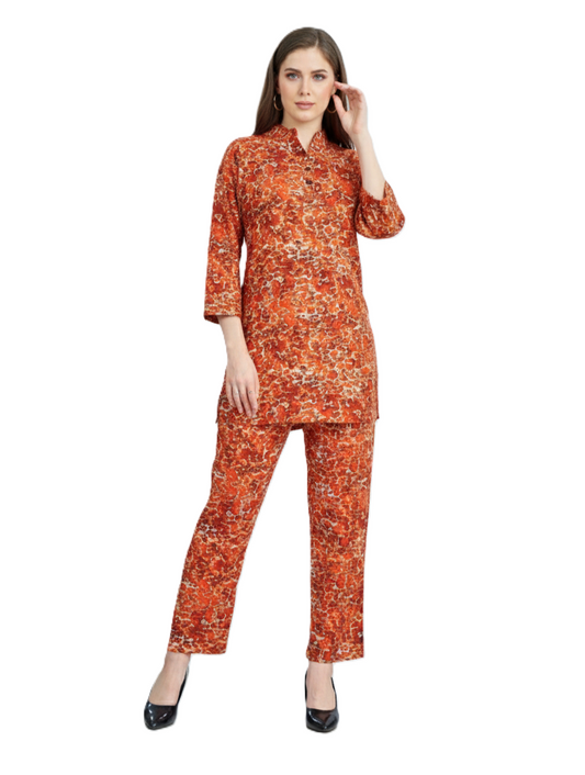 Orange Abstract Kurti & Pant Co-Ord Set | Rayon Modest Wear | GlamouraX