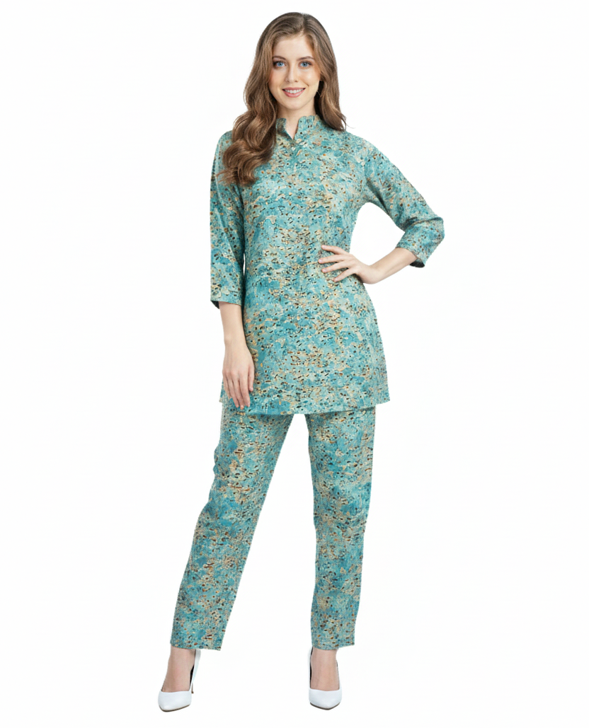 Teal Floral Print Rayon Kurti Co-Ord Set | Modest Wear | GlamouraX