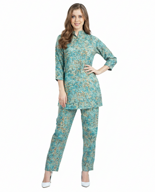 Teal Floral Print Rayon Kurti Co-Ord Set | Modest Wear | GlamouraX