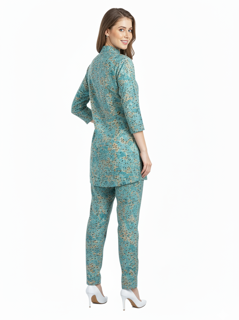 Teal Floral Print Rayon Kurti Co-Ord Set | Modest Wear | GlamouraX