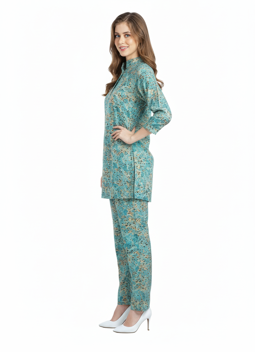 Teal Floral Print Rayon Kurti Co-Ord Set | Modest Wear | GlamouraX