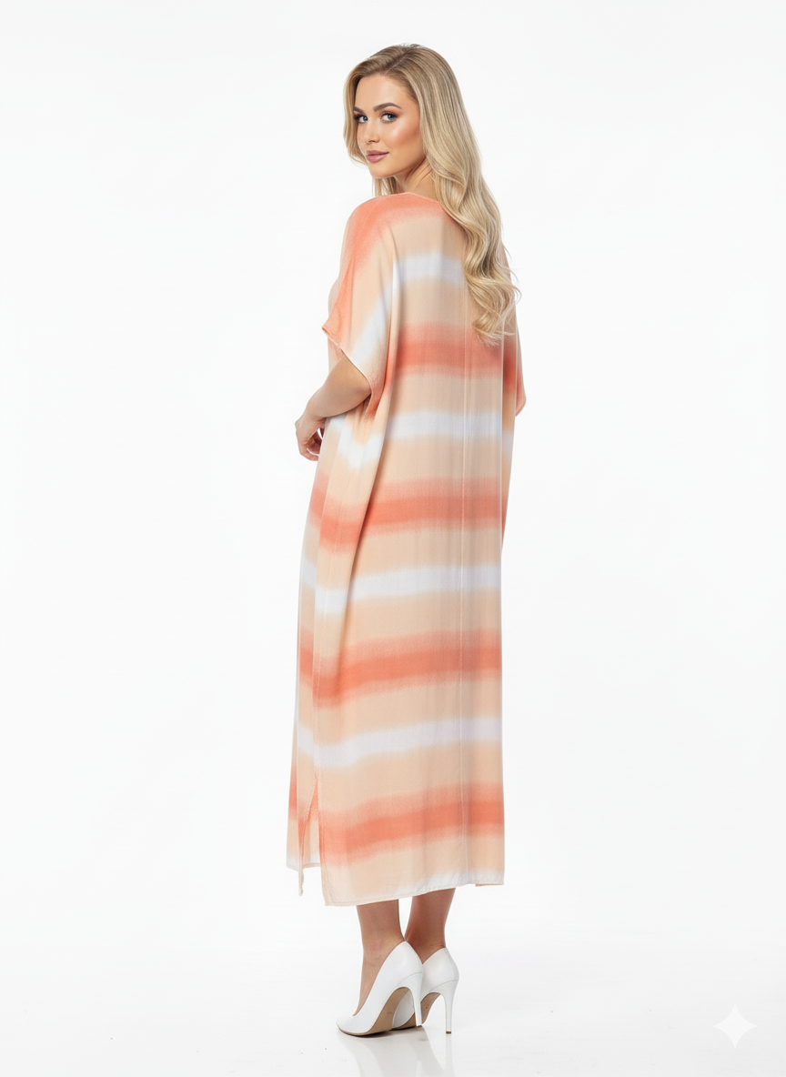 Peach & White Tie-Dye Stripe Rizqé Rayon  Kaftan — GLAMOURA-X