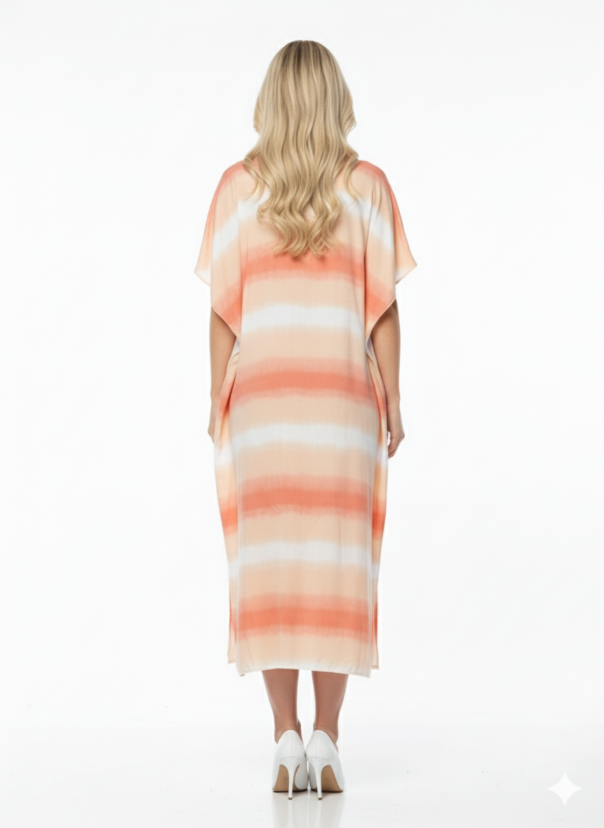 Peach & White Tie-Dye Stripe Rizqé Rayon  Kaftan — GLAMOURA-X