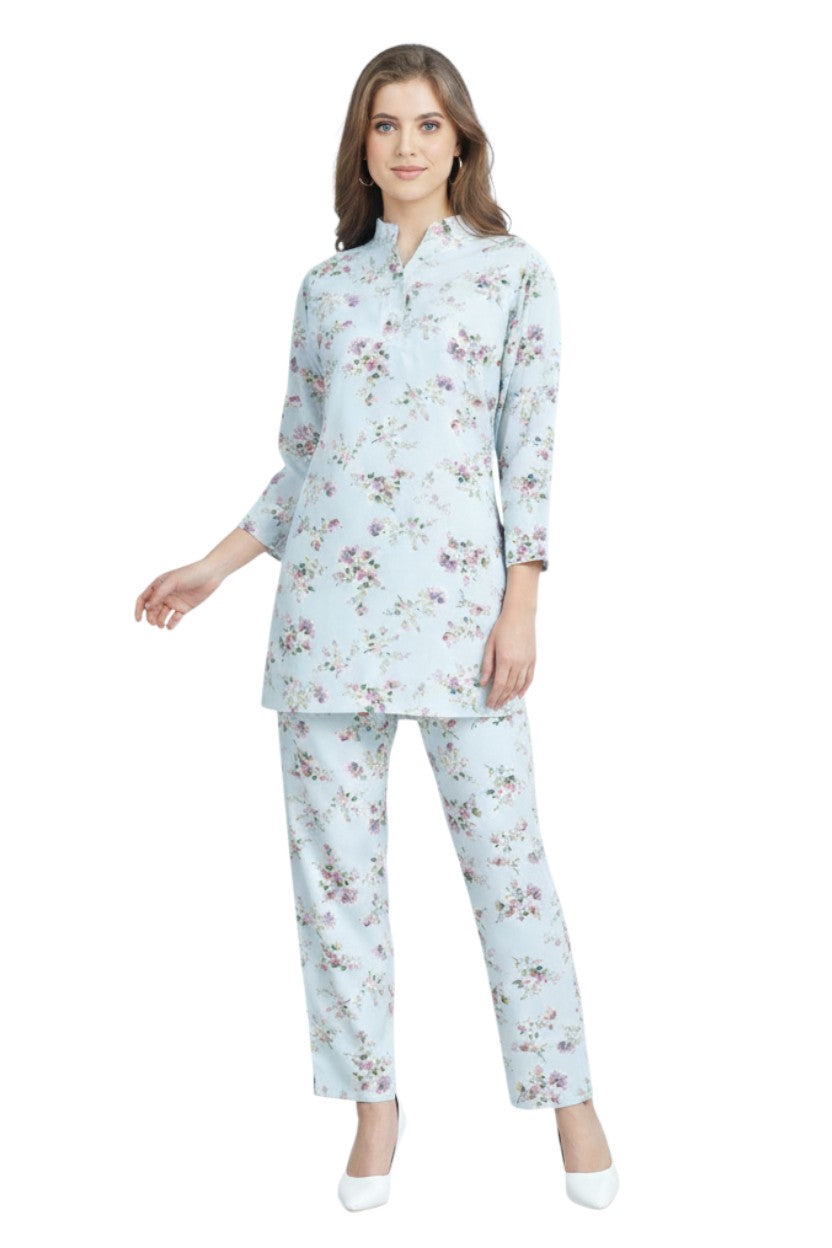 Glamoura X Light Blue Floral Kurti & Pant Co-ord Set | Rayon Modest Casual Wear