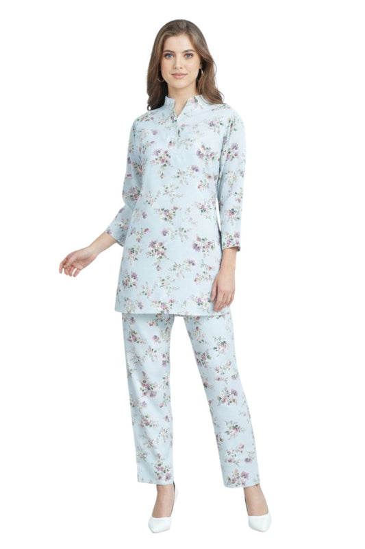 Glamoura X Light Blue Floral Kurti & Pant Co-ord Set | Rayon Modest Casual Wear