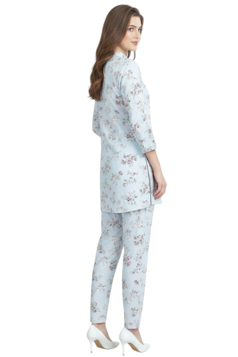 Glamoura X Light Blue Floral Kurti & Pant Co-ord Set | Rayon Modest Casual Wear