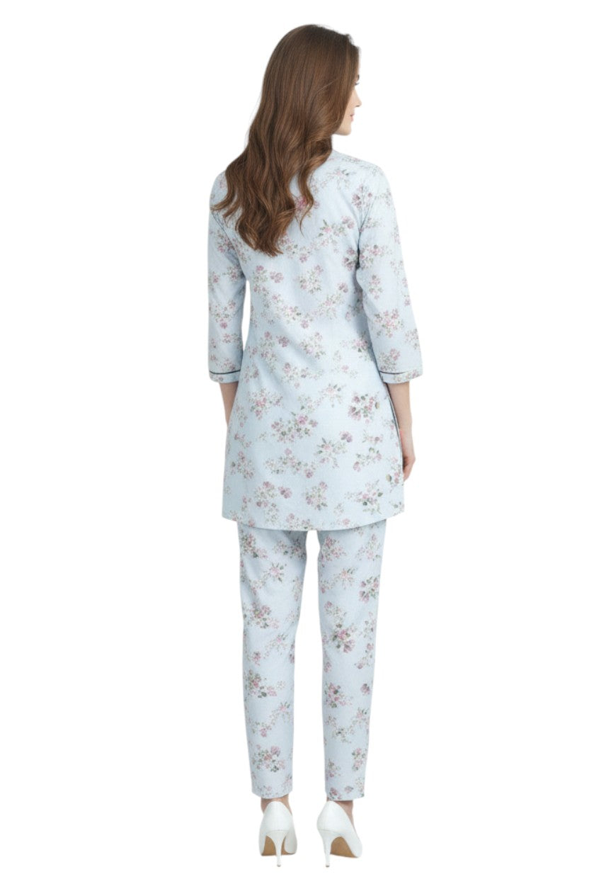 Glamoura X Light Blue Floral Kurti & Pant Co-ord Set | Rayon Modest Casual Wear