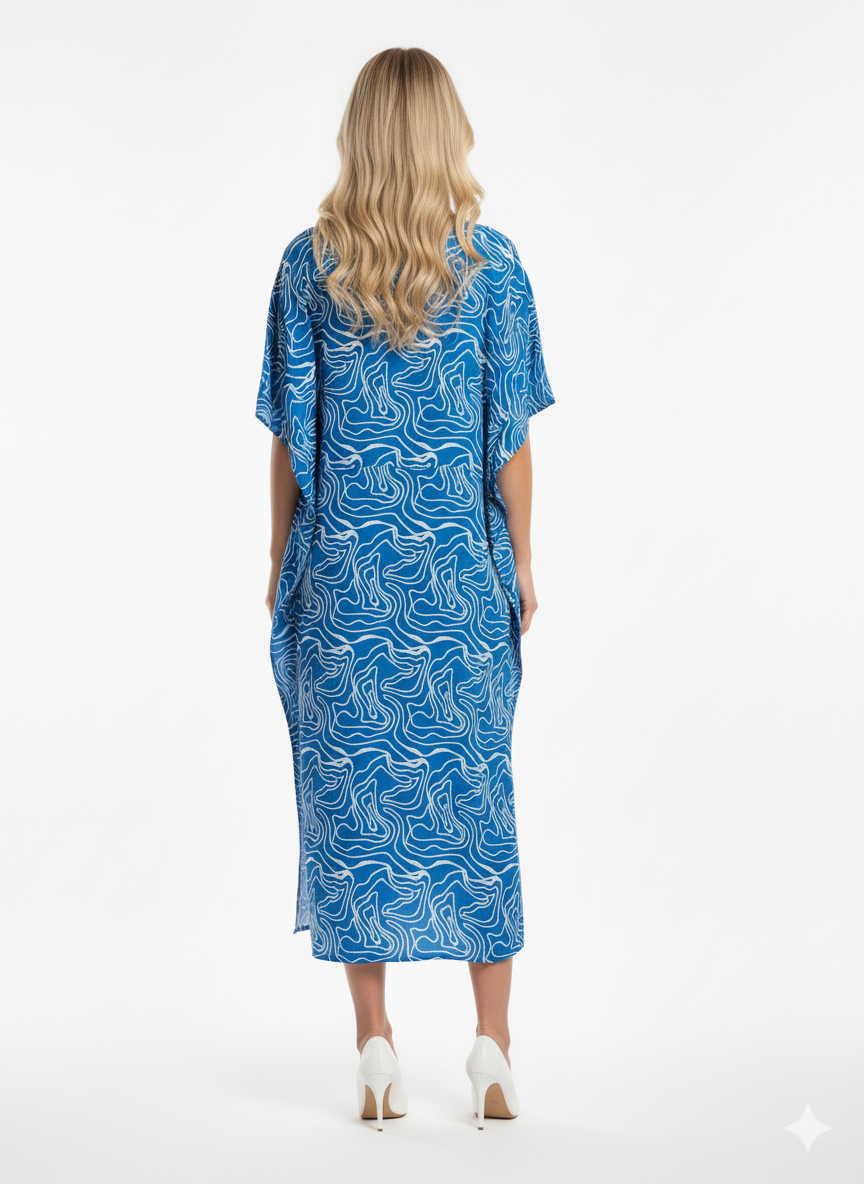 Royal Blue & White Abstract Swirl Print Kaftan | Beach Cover-Up & Modest Loungewear — GLAMOURA-X