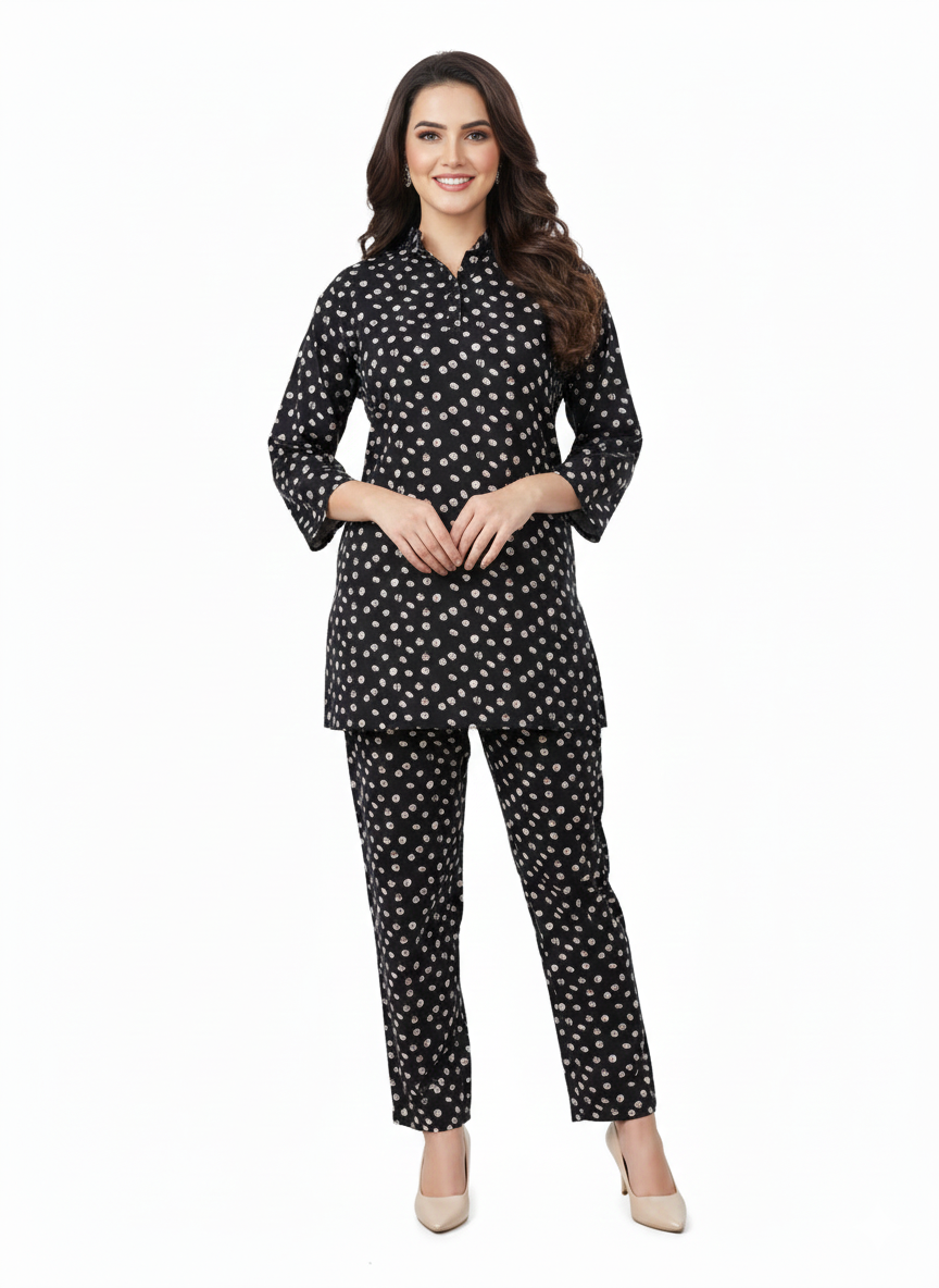 Glamoura X Midnight Polka Printed Kurti Co-ord Set | Black & White Modest Wear