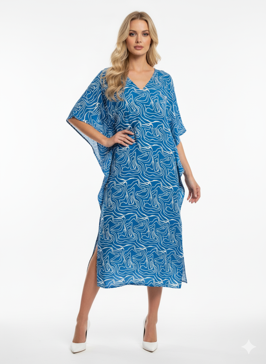 Royal Blue & White Abstract Swirl Print Kaftan | Beach Cover-Up & Modest Loungewear — GLAMOURA-X