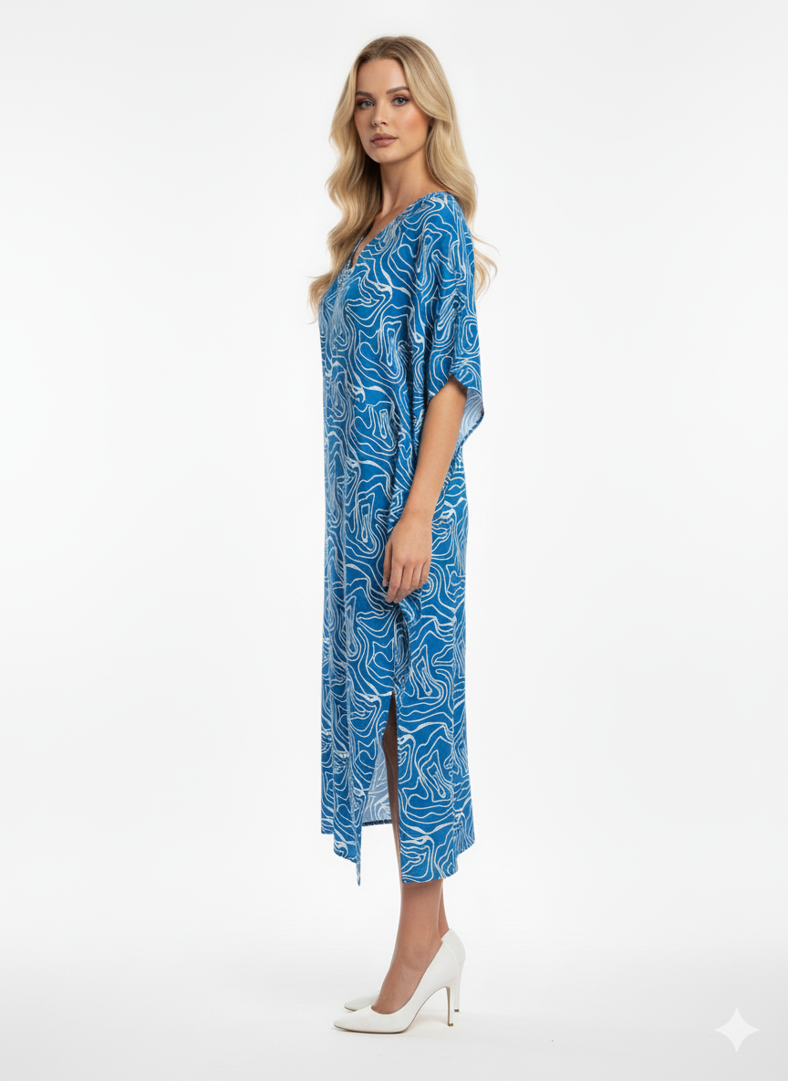 Royal Blue & White Abstract Swirl Print Kaftan | Beach Cover-Up & Modest Loungewear — GLAMOURA-X