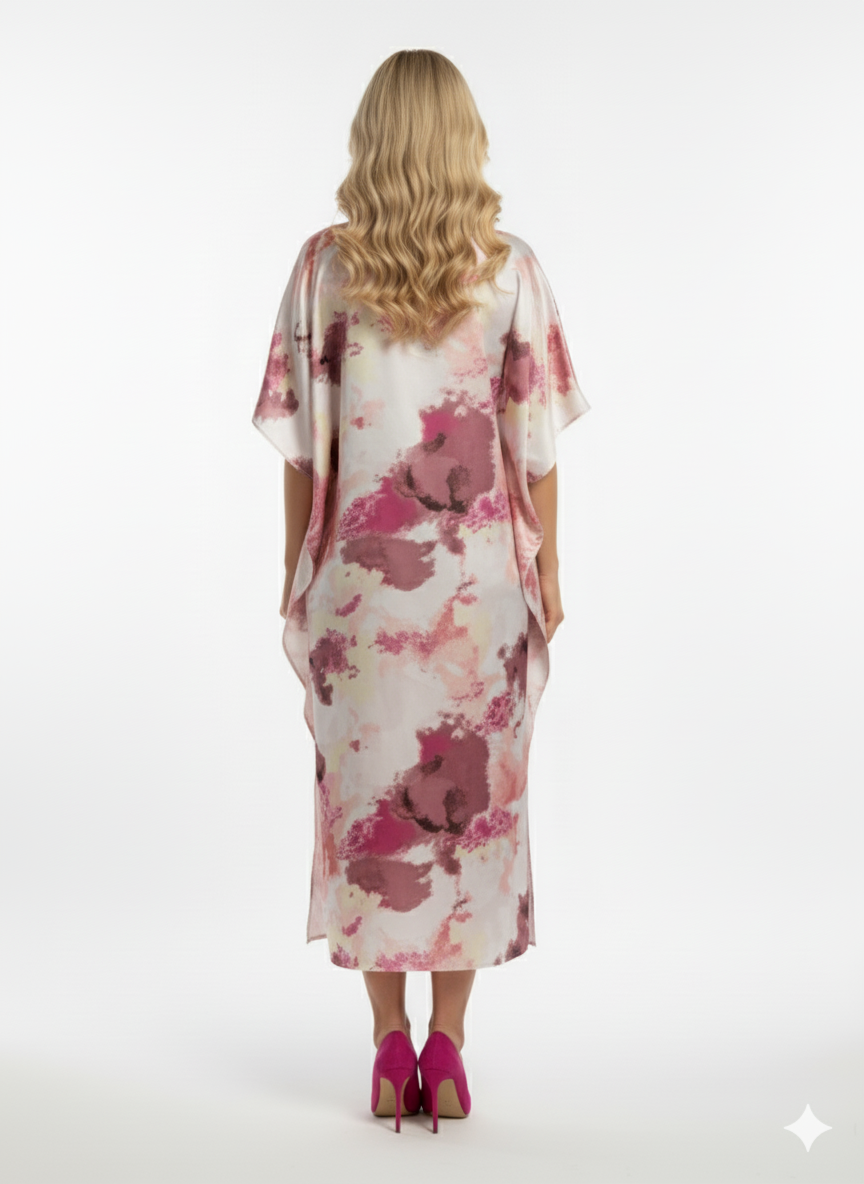 Luxury Satin Abstract Print in Pink, Mauve & Ivory Kaftan | Beach Cover- — GLAMOURA-X