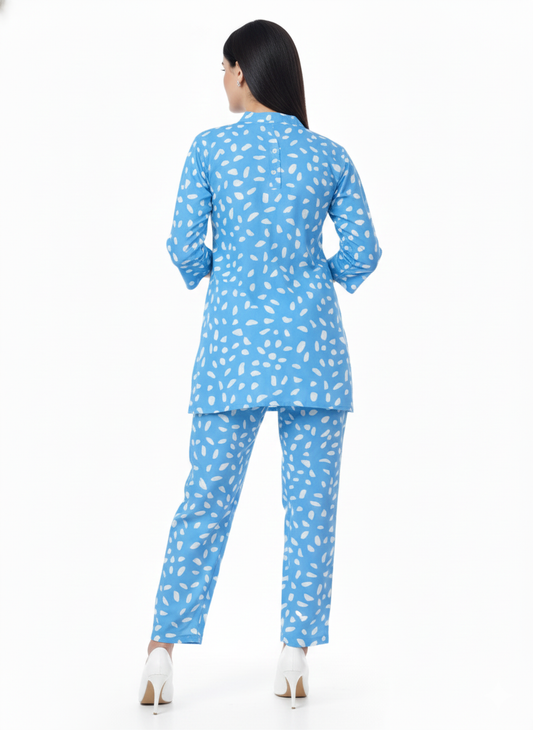Glamoura X Azure Splash Printed Kurti Co-ord Set | Blue & White Modest Casual Wear