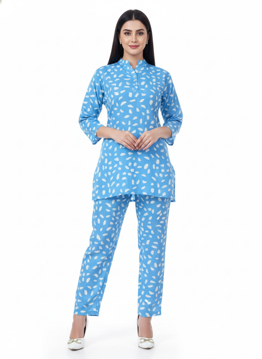 Glamoura X Azure Splash Printed Kurti Co-ord Set | Blue & White Modest Casual Wear