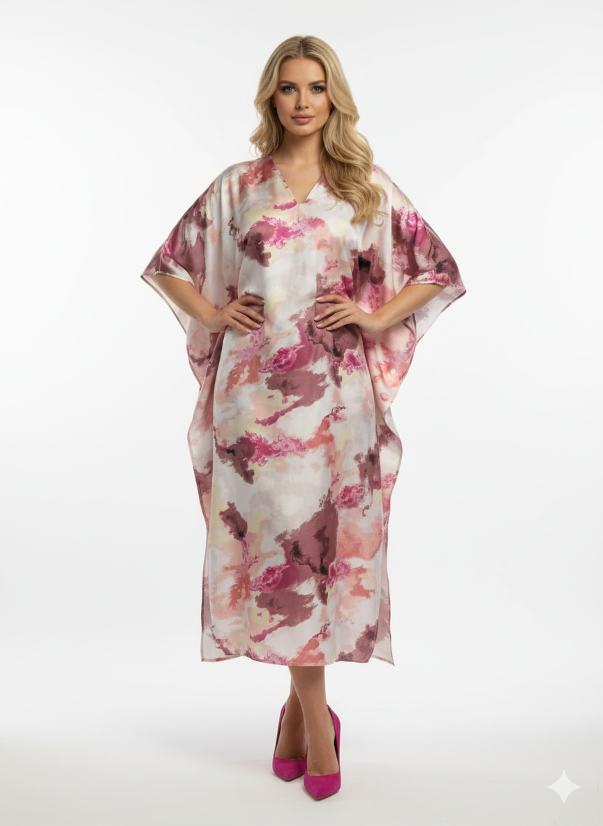 Luxury Satin Abstract Print in Pink, Mauve & Ivory Kaftan | Beach Cover- — GLAMOURA-X