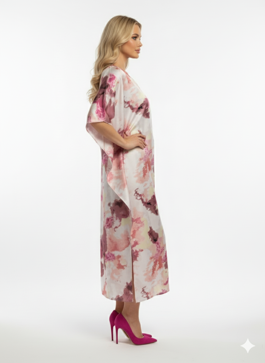 Luxury Satin Abstract Print in Pink, Mauve & Ivory Kaftan | Beach Cover- — GLAMOURA-X