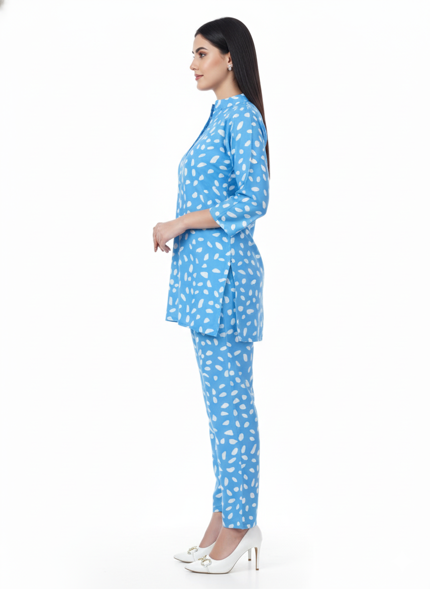 Glamoura X Azure Splash Printed Kurti Co-ord Set | Blue & White Modest Casual Wear