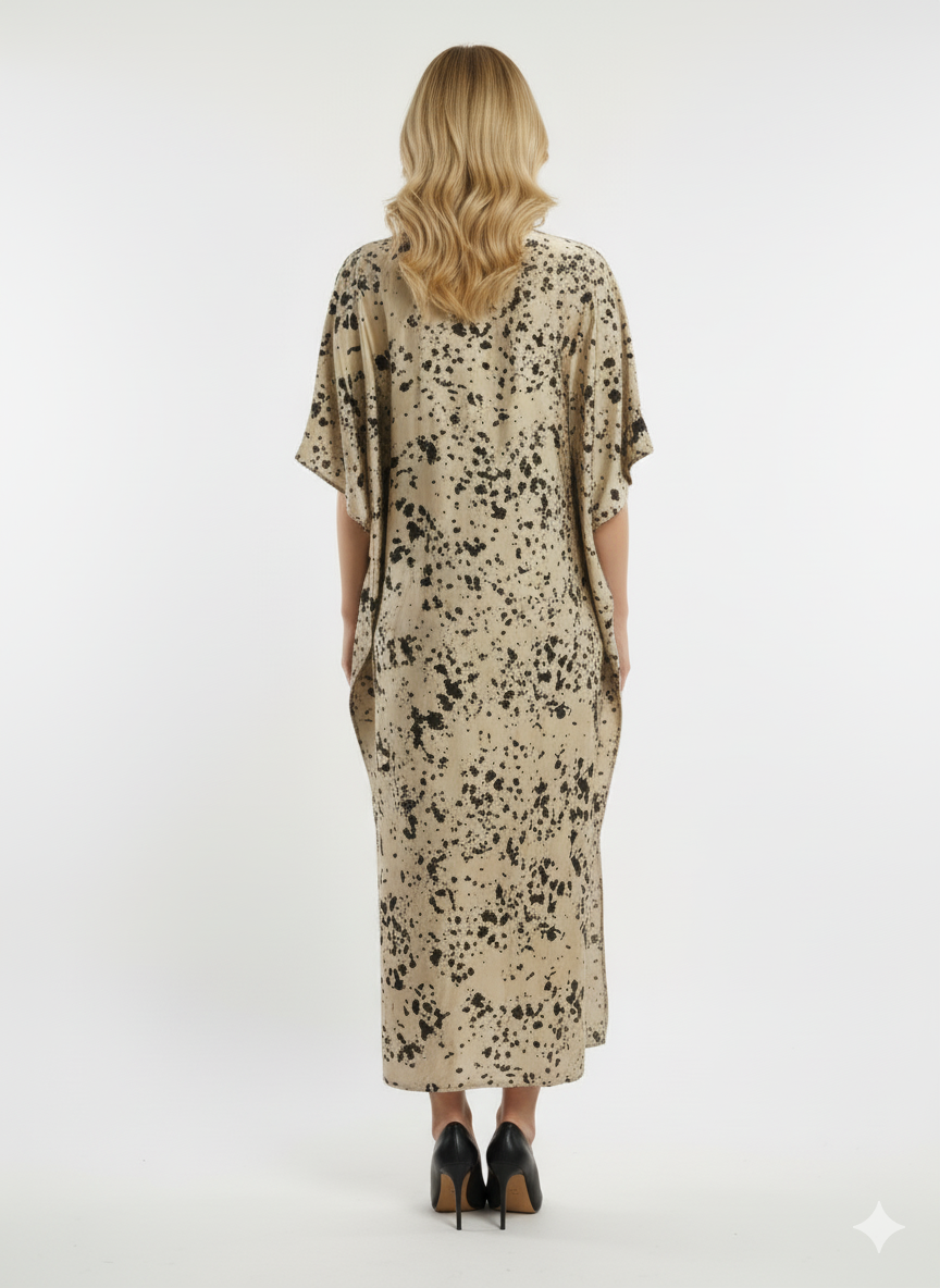 Chic Golden & Black Splatter Print Satin Kaftan | Beach Cover-Up & Modest Loungewear— GLAMOURA-X