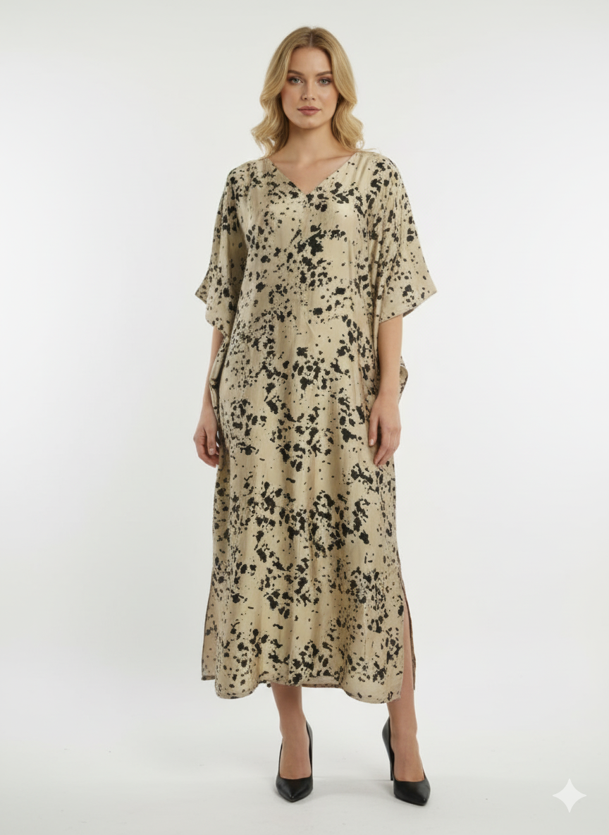 Chic Golden & Black Splatter Print Satin Kaftan | Beach Cover-Up & Modest Loungewear— GLAMOURA-X
