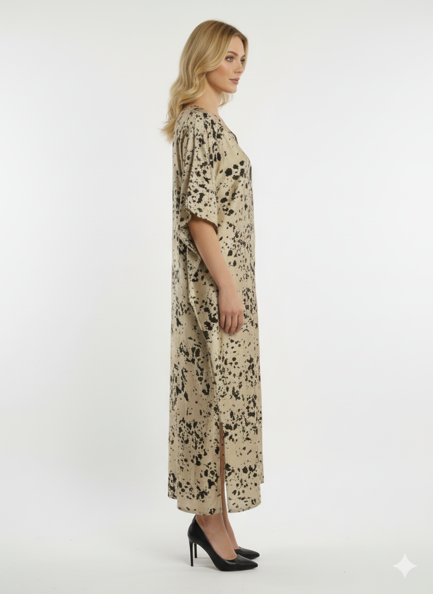 Chic Golden & Black Splatter Print Satin Kaftan | Beach Cover-Up & Modest Loungewear— GLAMOURA-X
