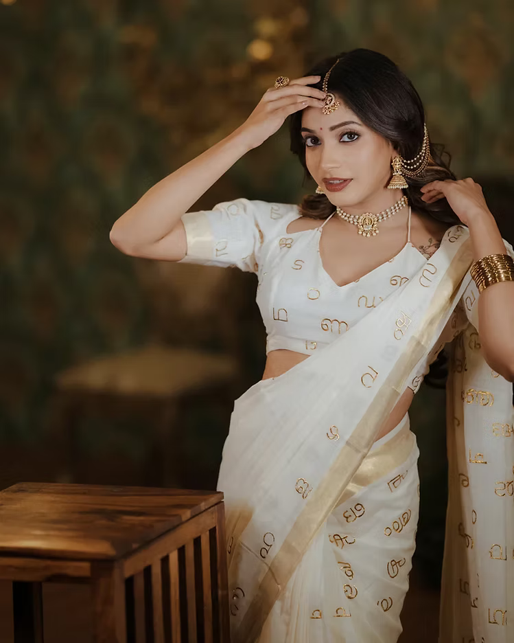 Aksharamala Embroidery Golden Kasavu Premium Cotton Saree with Blouse