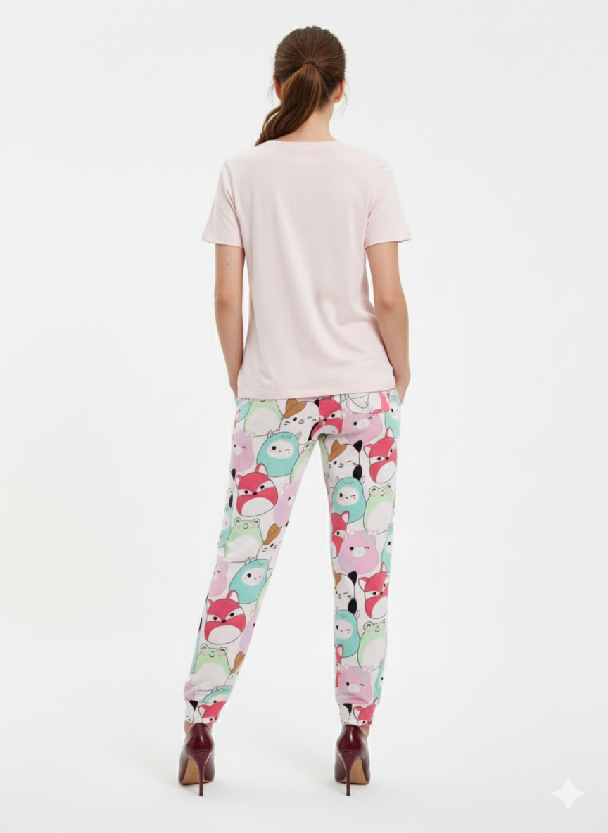 Women's Cartoon Print T-Shirt & Pyjama Pant Set | Lycra Night Suit