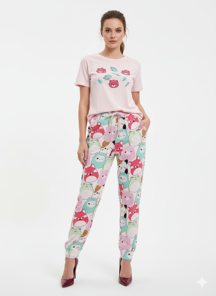 Women's Cartoon Print T-Shirt & Pyjama Pant Set | Lycra Night Suit