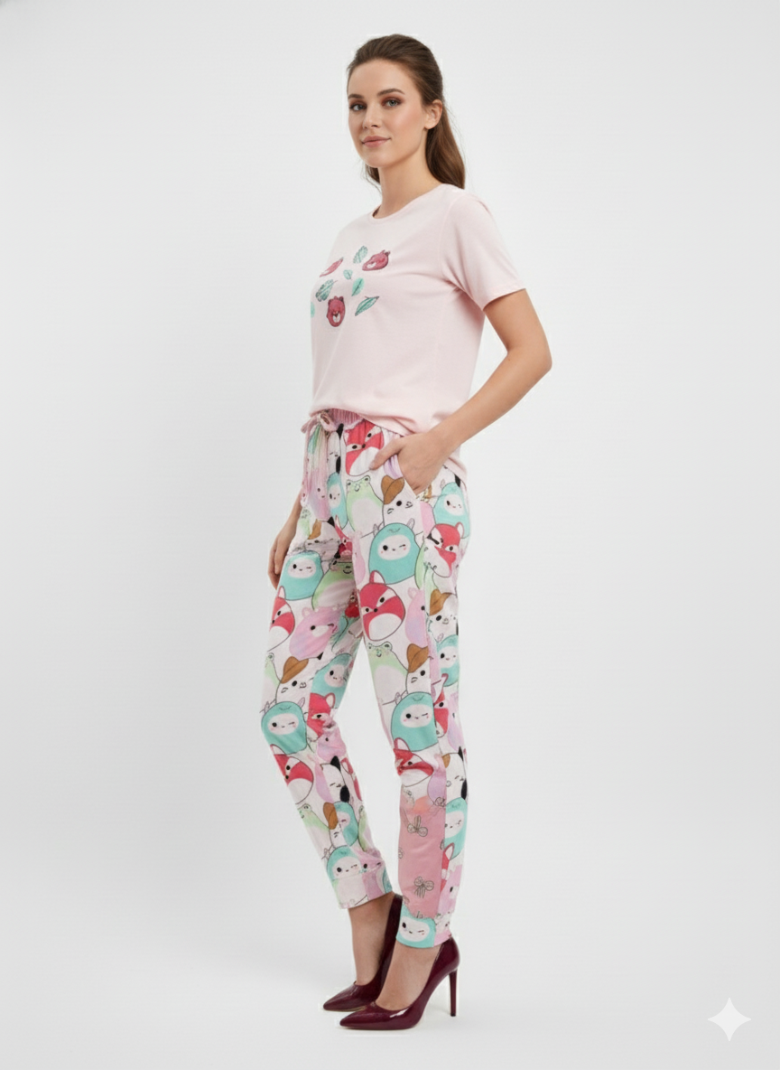 Women's Cartoon Print T-Shirt & Pyjama Pant Set | Lycra Night Suit