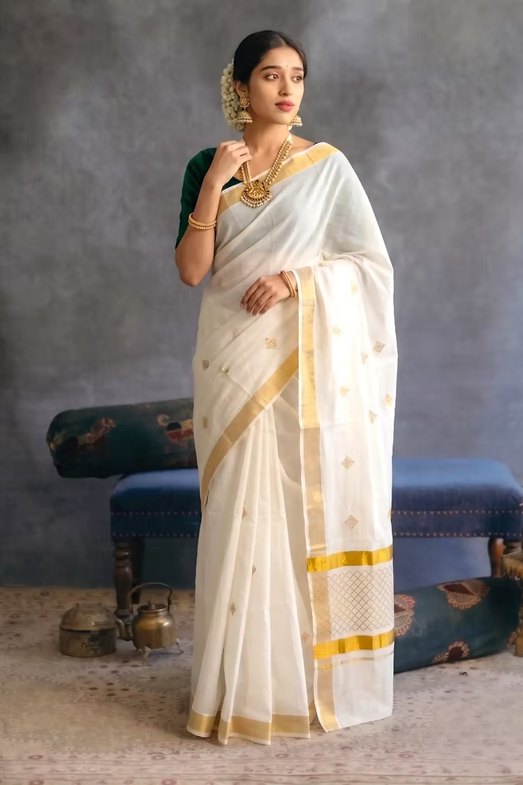 Golden Diamond Embroidery Cotton Kerala Kasavu Saree
